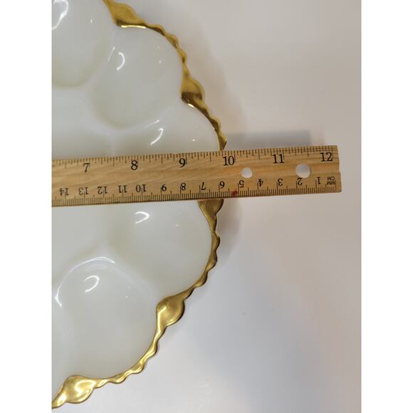 Vintage Anchor Hocking White Milk Glass Deviled Egg Plate Dish With Gold Trim - Picture 6 of 7